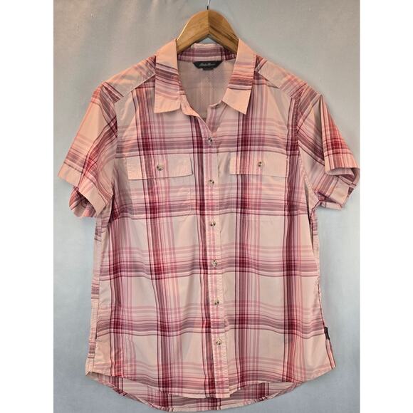 Eddie Bauer Hikiing Outdoors Pink Plaid Button Down Shirt womens Large - Picture 4 of 9